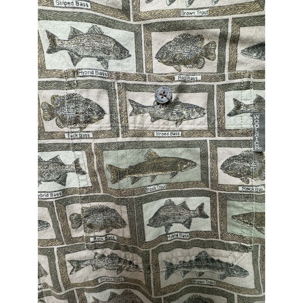 Woolrich Men's Shirt L Khaki Fish Print Long Sleeve‎ Button Up Outdoors 6380 - Picture 4 of 11